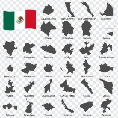 Tthirty two Maps United Mexican States - alphabetical order with name. Every single map of state are listed and isolated with wordings and titles. United Mexican States. EPS10. clipart