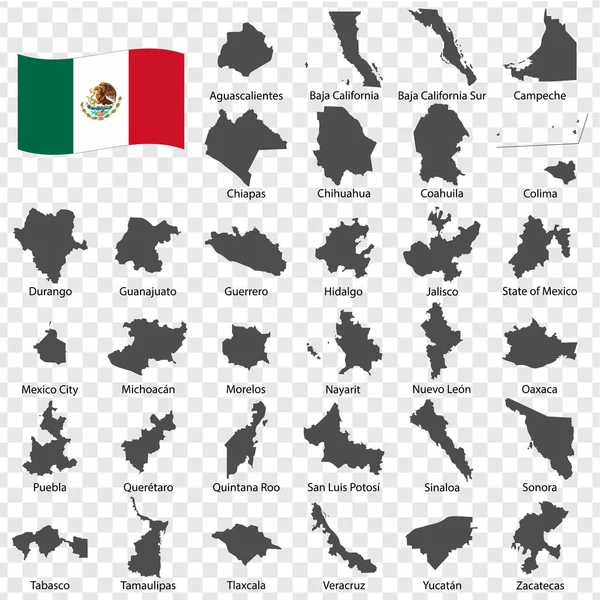 Ttreinta Dos Mapas Estados Unidos Mexicanos Orden Alfabético Con Nombre — Archivo Imágenes Vectoriales