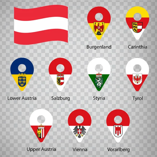 Avusturya Eyaletleri Nde Dokuz Bayrak Simli Alfabetik Sıra Avusturya Nın — Stok Vektör