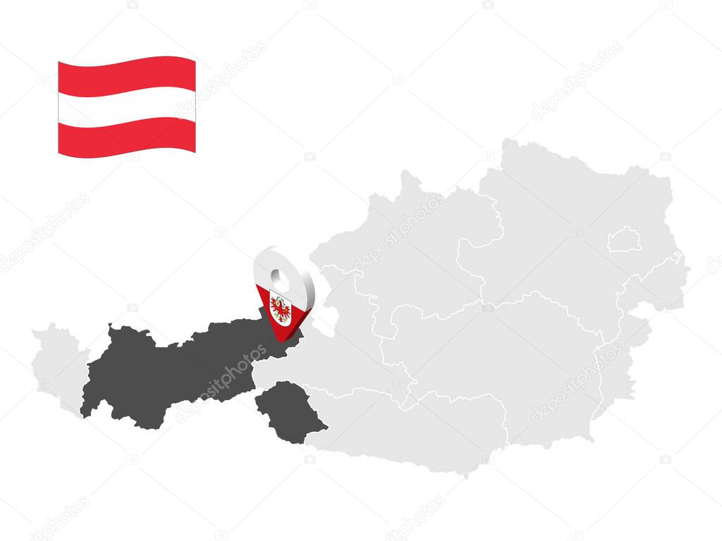 Location of  Tyrolon map Austria. 3d location sign similar to the flag of Tyrol. Quality map  with  states of  Austria for your design. EPS10.