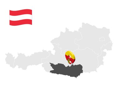 Avusturya Carinthia haritasının yeri. 3D işaret, Carinthia bayrağına benziyor. Tasarımınız için Avusturya eyaletleriyle kaliteli bir harita. EPS10.