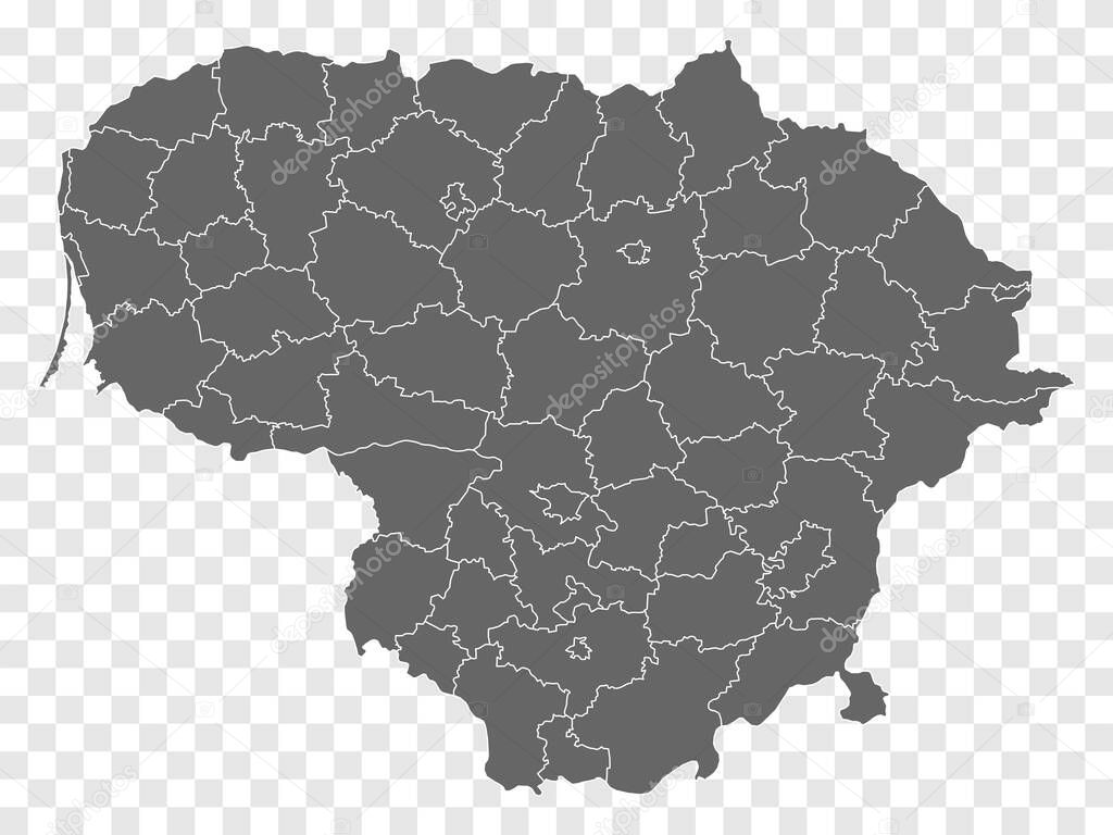 Blank map of Lithuania. Departments  and Districts of Lithuania map. High detailed gray vector map of Republic of Lithuania on transparent background for your design. EPS10.