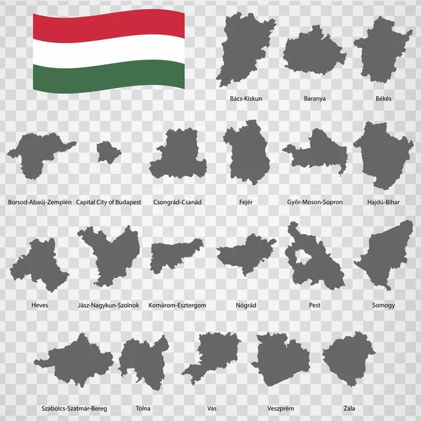 Veinte Mapas Regiones Hungría Orden Alfabético Con Nombre Cada Mapa — Archivo Imágenes Vectoriales