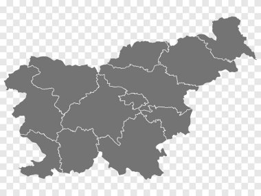 Slovenya 'nın boş haritası. Slovenya haritası bölümleri ve bölgeleri. Tasarımınız için Slovenya Cumhuriyeti 'nin şeffaf arkaplan üzerindeki yüksek detaylı gri vektör haritası. EPS10.