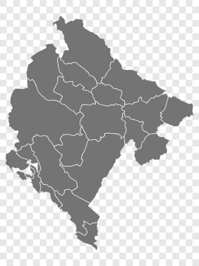 Karadağ 'ın boş haritası. Karadağ haritası bölümleri ve bölgeleri. Tasarımınız için Karadağ 'ın şeffaf arkaplan üzerindeki yüksek detaylı gri vektör haritası. EPS10