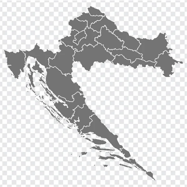 クロアチアの空白の地図 クロアチアの地域と部門の地図 あなたのデザインのための透明背景にクロアチアの高詳細な灰色のベクトルマップ Eps10 — ストックベクタ