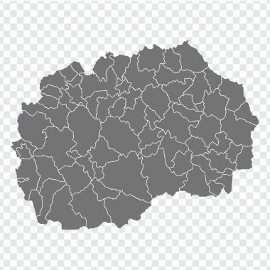 Kuzey Makedonya 'nın boş haritası. Kuzey Makedonya 'nın departmanları ve bölgeleri haritası. Tasarımınız için Kuzey Makedonya 'nın şeffaf arkaplanının yüksek ayrıntılı gri vektör haritası. EPS10