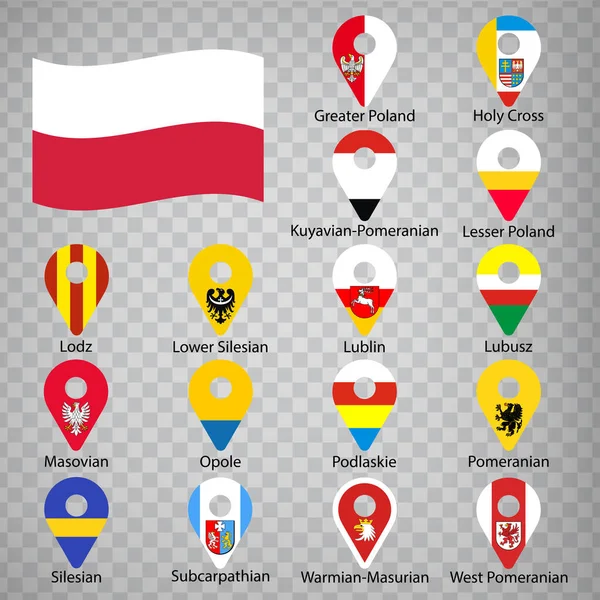 Шестнадцать Флагов Губерний Польши Алфавитный Порядок Названием Набор Двумерных Геолокационных — стоковый вектор