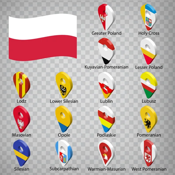 Dieciséis Banderas Las Provincias Polonia Orden Alfabético Con Nombre Conjunto — Vector de stock