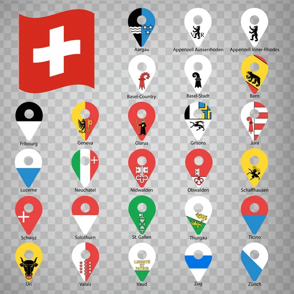 瑞士各省共26面国旗 按英文字母顺序排列 一组2D的地理定位标志 如瑞士的州旗 26个2D的地理定位标志为您的设计 Eps10 — 图库矢量图片