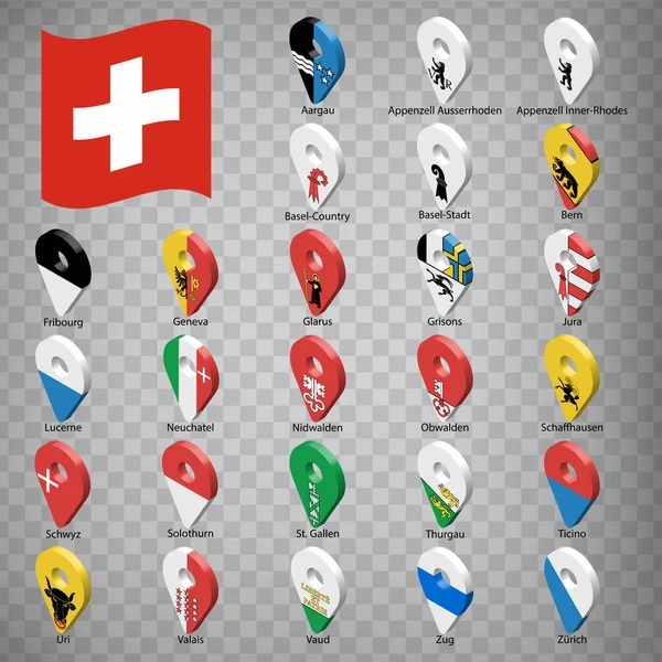 瑞士各省共26面国旗 按英文字母顺序排列 一组3D地理定位标志 如瑞士的州旗 26个3D地理定位标志为您的设计 Eps10 — 图库矢量图片