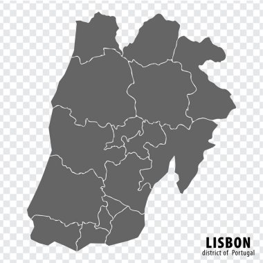 Lizbon bölgesini şeffaf arka planda haritala. İnternet sitesi tasarımı, logosu, uygulaması ve UI için gri renkli belediyelerin olduğu Lizbon bölgesi haritası. Portekiz. EPS10.