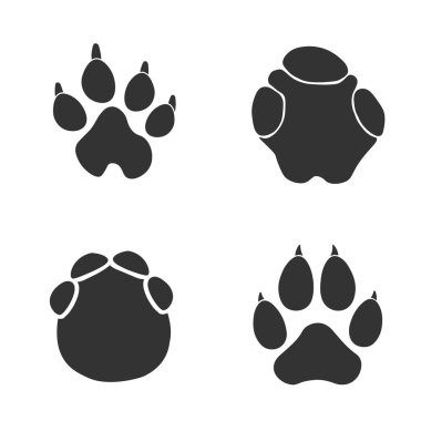 Hayvanın ayak izleri, sırtlan izleri, gergedan, fil, fileto, beyaz arka plan. Gri renkli siluet hayvan izleri. Dizaynınız için Paw Print. Vektör çizimi. EPS10.
