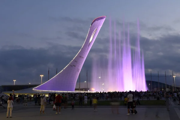 2018年5月26日 俄罗斯索契 奥林匹克公园内的歌唱喷泉免费表演聚集了数百名观众 长时间曝光 图库图片