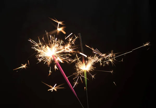 Two Sparklers Lit Black Background — Stock Photo, Image