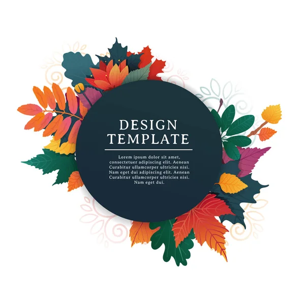 Template Design Rundbanner für den Herbst mit weißem Rahmen und Kräutern. Aktionsangebot mit herbstlicher Eiche, Ahornblättern und Blumenschmuck. Vektor — Stockvektor