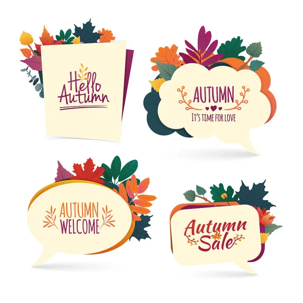 Stel herfstbelletjes in. Design banner met herfst verkoop en hallo logo. Kortingskaart voor herfstseizoen met kruid. Promotie aanbod met herfsteik plant, esdoorn verlof en bloemen decoratie. Vector — Stockvector