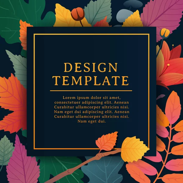 Template design square banner for fall season with white frame and herb. Promotion offer with autumnal oak plant, maple leave and flowers decoration. Vector — Stock Vector