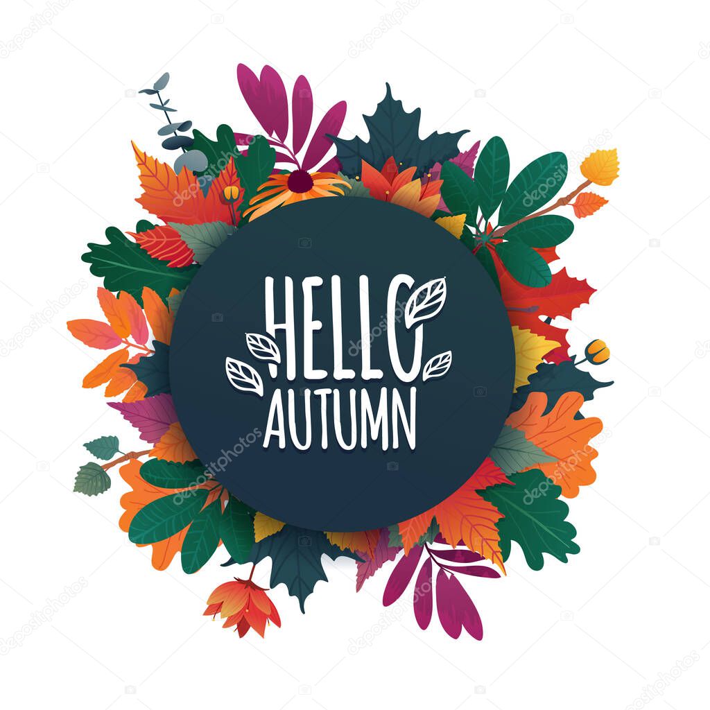 Round banner with the Hello Autumn logo. Card for fall season with white frame and herb. Promotion offer with autumnal plant, leave and flower decoration. Vector