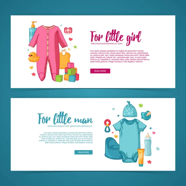 Ställ Mall horisontell design web banner med produkt för nyfödda flicka och pojke. Söt tecknad illustration med baby kläder, leksaker och tillbehör. Vektor — Stock vektor