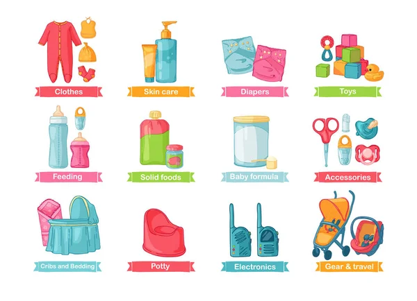 Set van design illustraties met accessoires voor pasgeborenen. Teken categorie van producten voor de baby. Leuke cartoon iconen van producten en goederen kleding, speelgoed voor kinderen, zuigeling. Vector — Stockvector