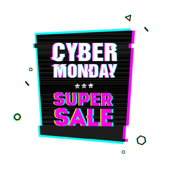 Template design geometric web banner for cyber monday offer. Promotion design in glitch style with geometric particle for cyber sale. — Stock Vector