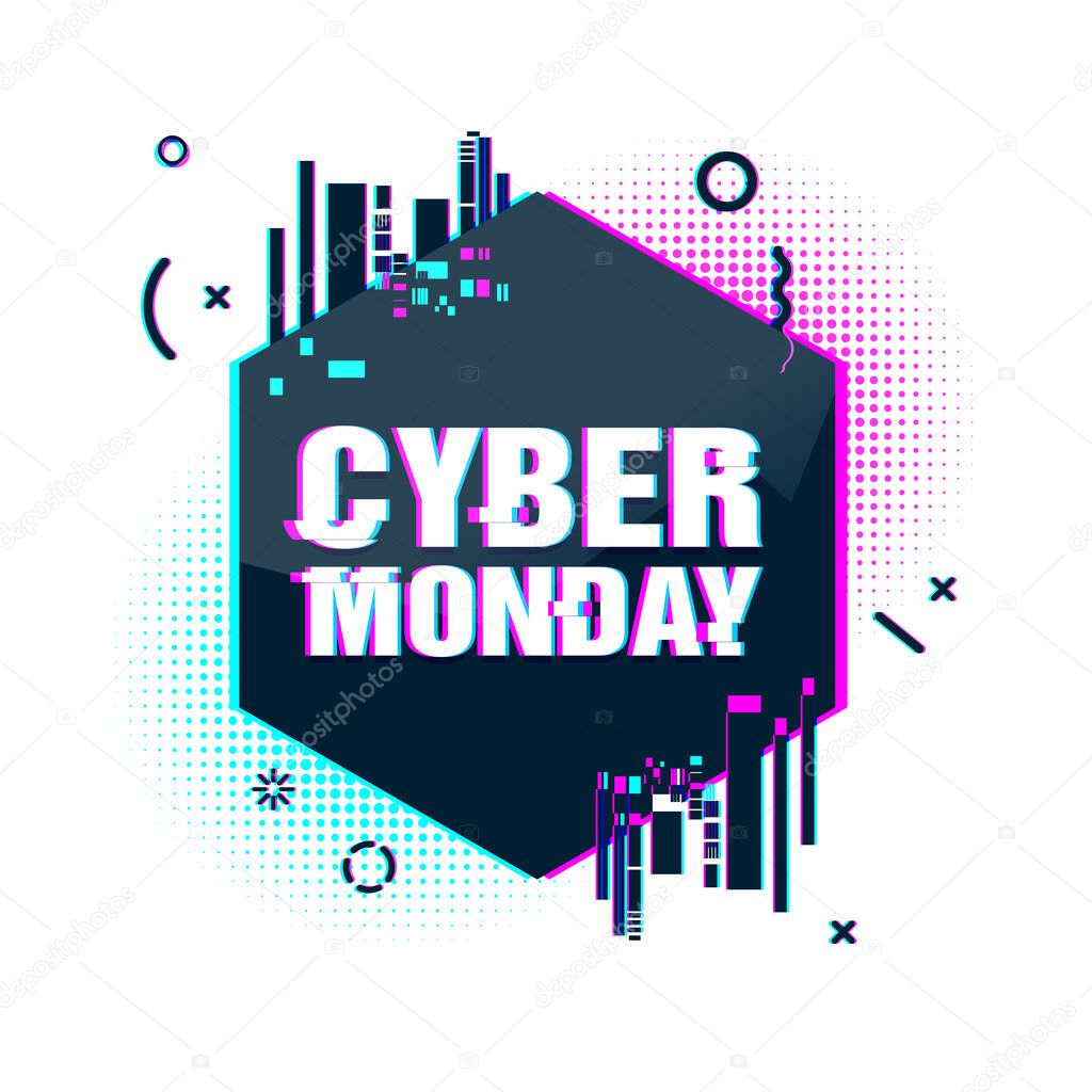 Template design geometric web banner for cyber monday offer. Promotion design in glitch style with geometric particle for cyber sale.