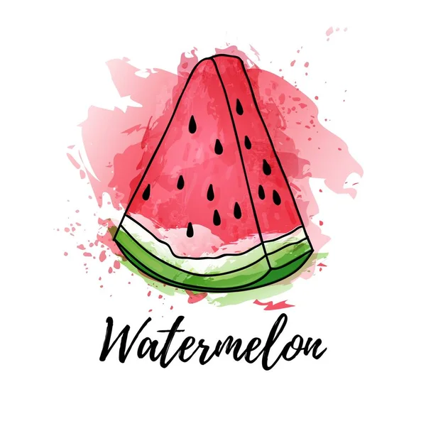 Illustration von Scheiben Wassermelone Obst oder Beere. Vector Aquarell Splash Hintergrund. Grafiken für Cocktails, Frischsaftdesign. Natürliche Bio-Lebensmittel. — Stockvektor