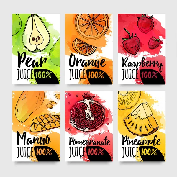 Template cartão de design de variação gostos de suco. Banner de layout de frutas e bagas com decoração aquarela. Brochura de bebida natural orgânica. Folhetos de comida fresca para menu vegetariano. Vetor — Vetor de Stock