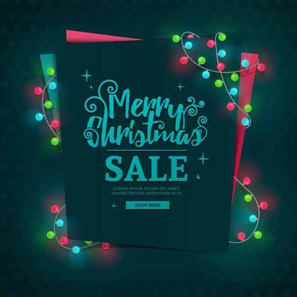 Template design web banner for the New Year sale. Invitation to a happy holiday with the decor of colorful garlands. Christmas night blue flyer for the invitation to the New Year party. Vector. — Stock Vector