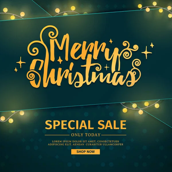 Template for the design of the New Year banner for promotion. Christmas banner for sale with decor of green ribbon and luminous gold garland. Vector. — Stock Vector