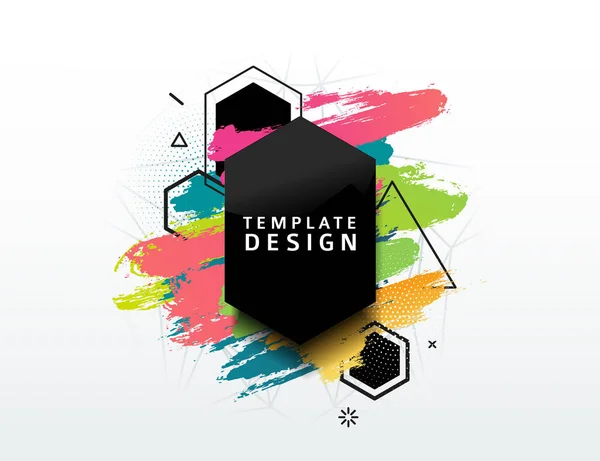 Ontwerp van een abstracte banner met een geometrische achtergrond en textuur van de vlekken en het patroon. Sjabloon voor presentatie, brochure, flyer met polygonaal frame en deeltjes op de achtergrond. — Stockvector