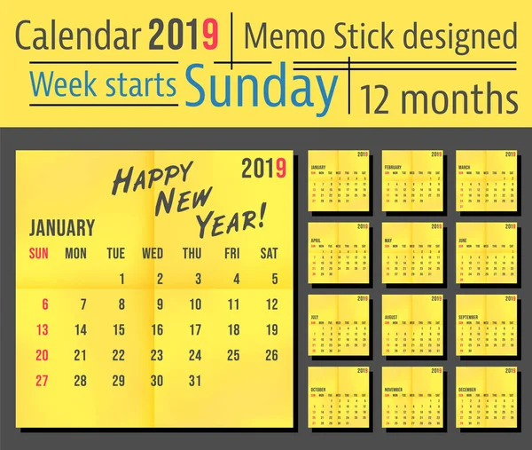 Kalendervorlage Für 2019 Gelbes Memo Stick Design Wochenstart Sonntag Vektorillustration — Stockvektor