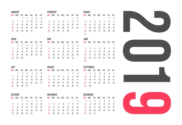 2019 modelo de calendário ano, design de bolso mínimo. Início da semana Domingo — Vetor de Stock