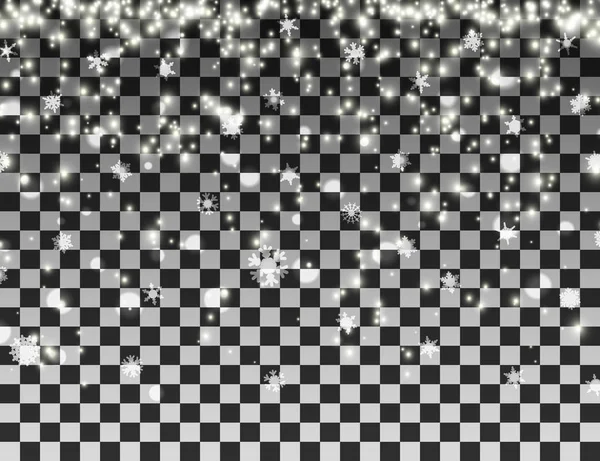 Caída de copos de nieve sobre fondo transparente. Navidad nevada vector plantilla — Archivo Imágenes Vectoriales