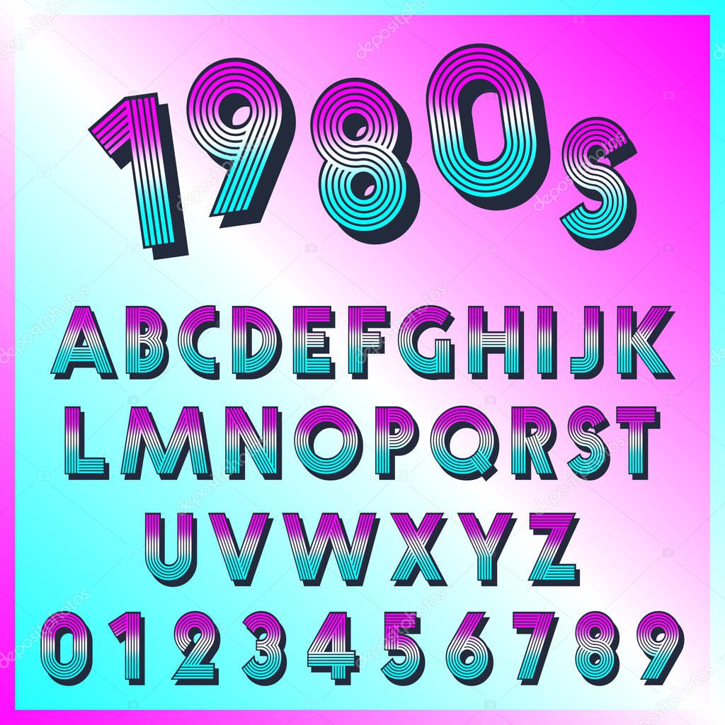 80s retro font template. Set of letters and numbers lines vintage design. Vector illustration.