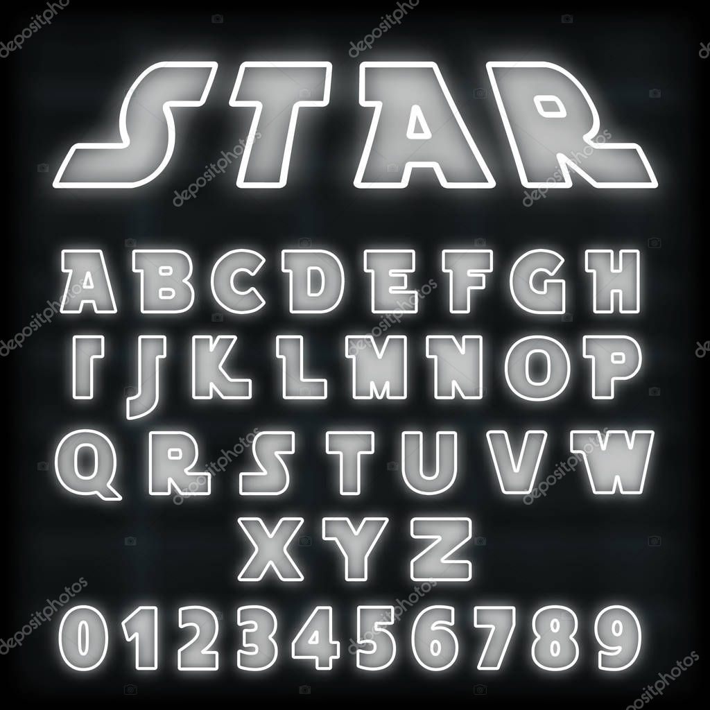 Alphabet font template, white neon line design. Set of futuristic letters and numbers. Vector illustration.