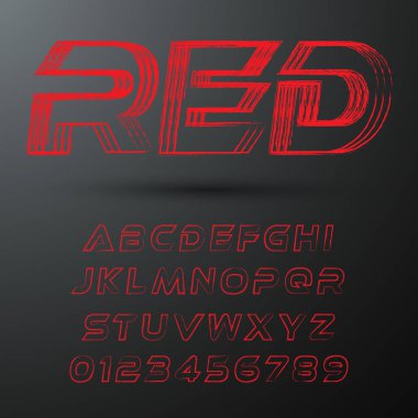 Fütüristik yazı tipi şablonu. Harfler ve sayılar kırmızı kontur vektör tasarımı
