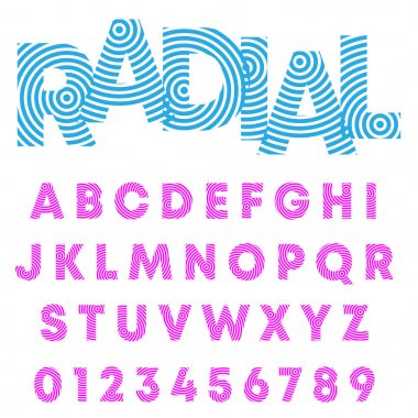 Radyal alfabe yazı tipi. Harfler ve sayılar dairesel çizgi tasarımı