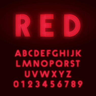 Kırmızı neon alfabesi yazı tipi. Harfler ve sayılar satır tasarımı