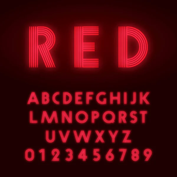 Κόκκινη αλφαβητική γραμματοσειρά νέον. Σχεδίαση γραμμής γραμμάτων και αριθμών — Διανυσματικό Αρχείο