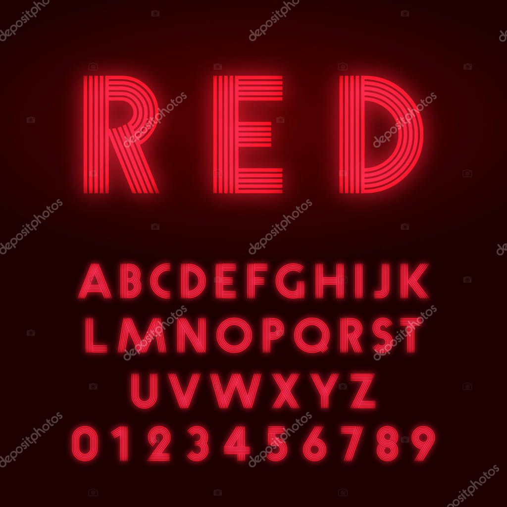 Red neon alphabet font. Letters and numbers line design. Vector illustration.