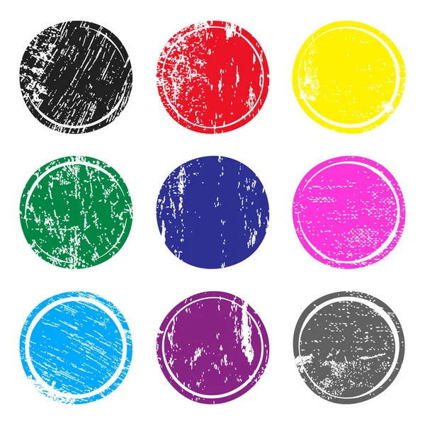 Set of multicolored post stamps with grunge texture. Blank circle stamp template for logo, badge, insignia or label — Stock Vector