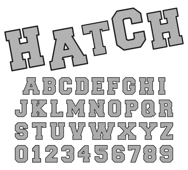 Hatch plantilla de fuente alfabeto. Diseño de líneas de letras y números — Vector de stock