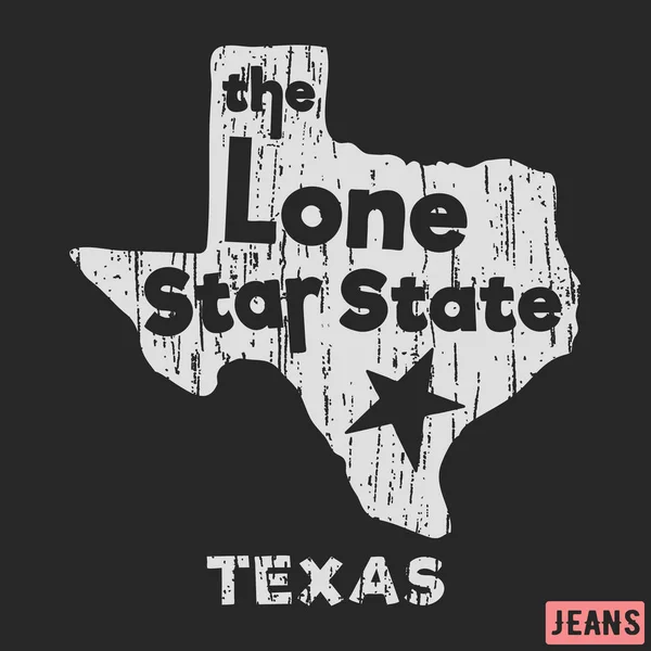 Diseño de estampado de camiseta. Texas - el sello vintage del estado de la estrella solitaria. Impresión e insignia, apliques, etiqueta, camisetas de etiqueta, jeans, ropa casual y urbana — Archivo Imágenes Vectoriales