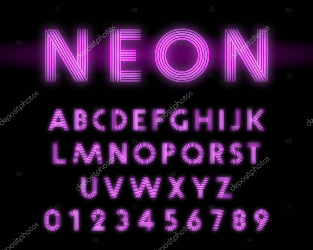 Retro neon alphabet font. Letters and numbers line design. Vector illustration.