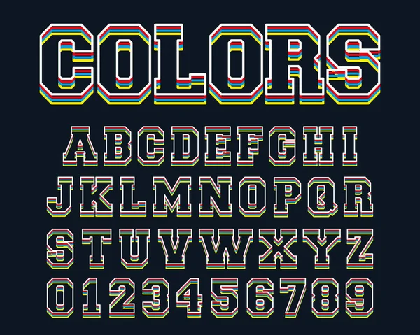 Plantilla de alfabeto de líneas de colores. Diseño de líneas de letras y números — Archivo Imágenes Vectoriales
