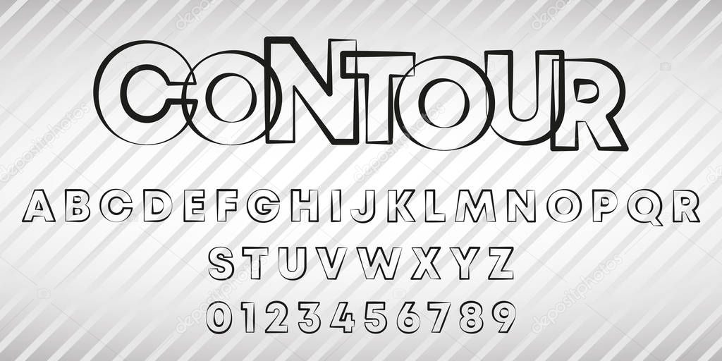 Alphabet letters and numbers of contour line design. Stamp stroke font template. Vector illustration