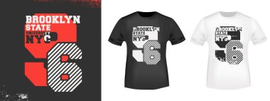 Brooklyn State Üniversitesi 'nin tişört pulu, tee applique, moda tipografisi, rozet, etiket kıyafeti, kot pantolon ve günlük giyim için baskısı. Vektör illüstrasyonu.