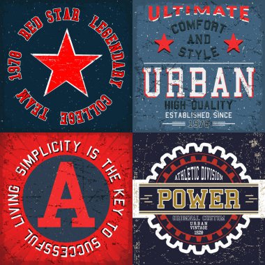 Tişört pulu için klasik tasarım baskısı, tee applique, moda tipografisi, rozet, etiket kıyafeti, kot pantolon ve günlük giyim. Vektör illüstrasyonu.